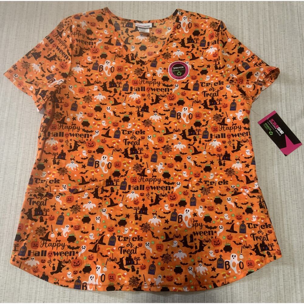 Scrub Star Happy Halloween Women V-neck Print Scrub Top Spook Large New
